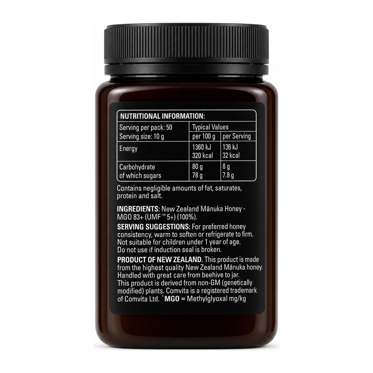 Comvita Manuka Honey UMF 5+ by Comvita Food & Drinks — back view showing ingredients and product details, studio product photo on white background