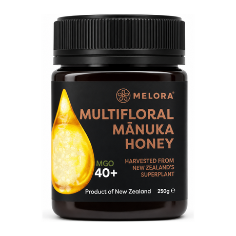 MELORA Manuka Honey 40+MGO by Melora Food & Drinks — front view showing product label and branding, studio product photo on white background