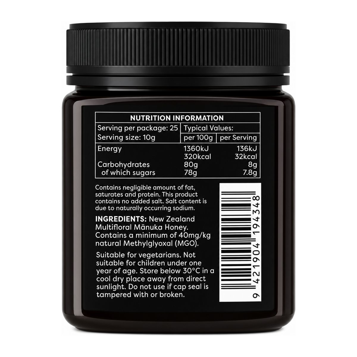 MELORA Manuka Honey 40+MGO by Melora Food & Drinks — nutrition facts side panel, studio product photo on white background