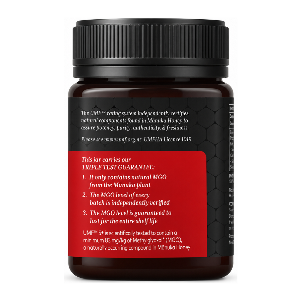 Comvita Manuka Honey UMF 5+ by Comvita Food & Drinks — back view showing ingredients and product details, studio product photo on white background