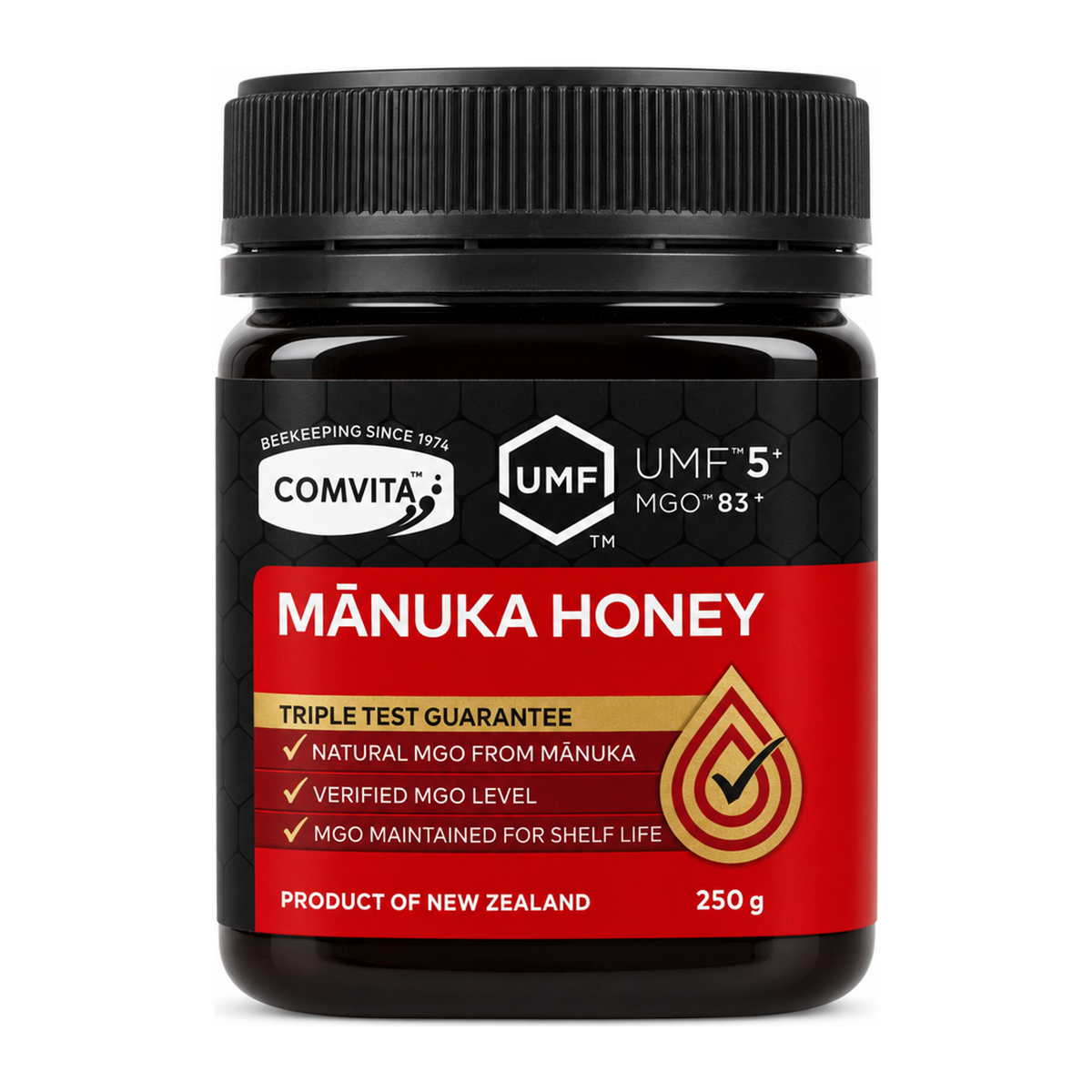 Comvita Manuka Honey UMF 5+ by Comvita Food & Drinks — front view showing product label and branding, studio product photo on white background