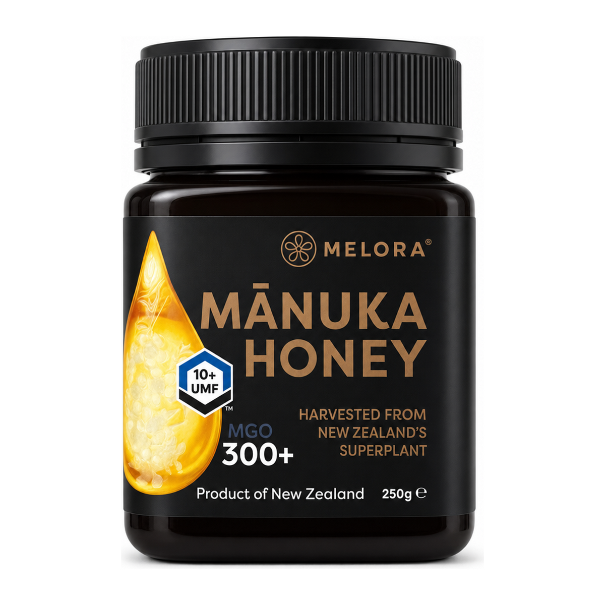 Melora Manuka Honey 300+MGO UMF10+ by Melora — front view showing product label and branding, studio product photo on white background