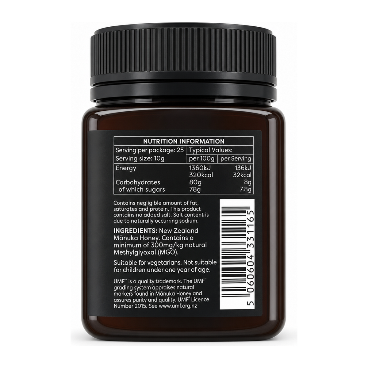 Melora Manuka Honey 300+MGO UMF10+ by Melora — back view showing ingredients and product details, studio product photo on white background