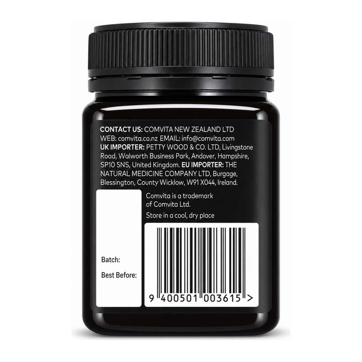 Comvita UMF 10+ Manuka Honey by Comvita Food & Drinks — back view showing ingredients and product details, studio product photo on white background