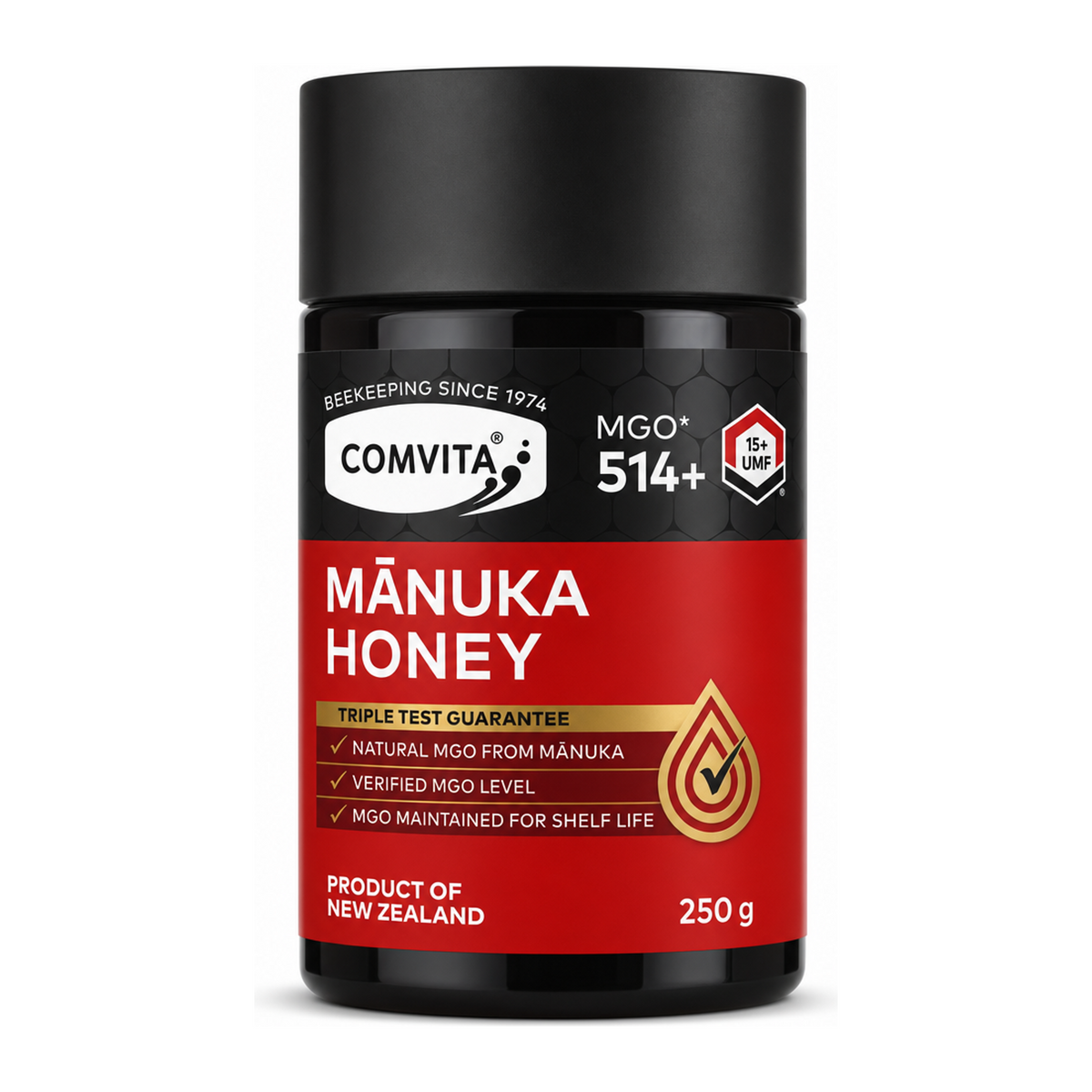 Comvita UMF 15+ Active Manuka Honey by Comvita Natural Remedies — front view showing product label and branding, studio product photo on white background
