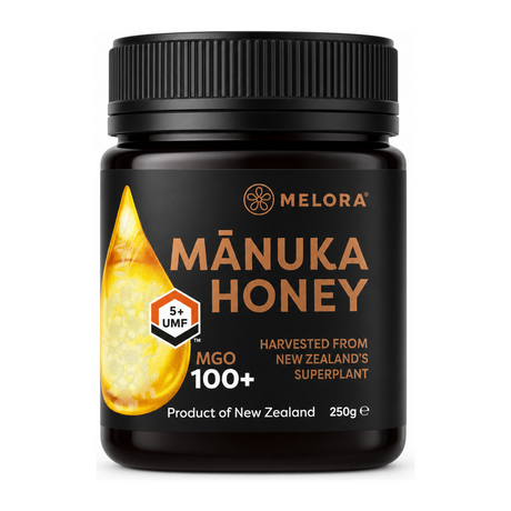 MELORA Manuka Honey 100+MGO UMF5+ g by Melora Health Food — front view showing product label and branding, studio product photo on white background