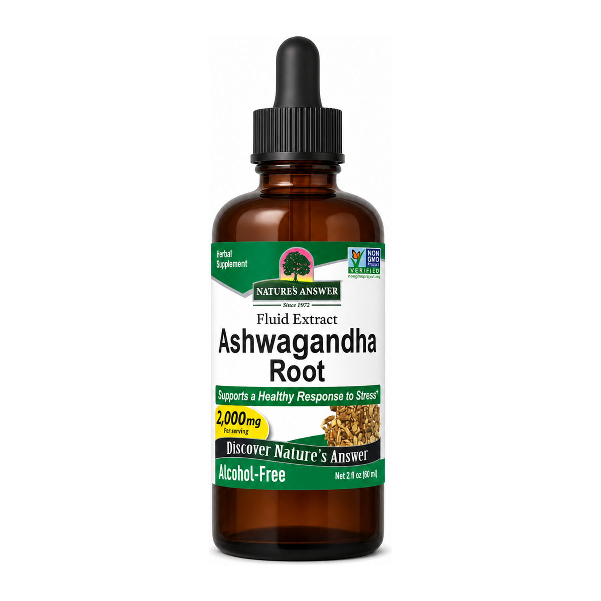 Ashwagandha Root Extract by Nature's Answer Natural Remedies — front view showing product label and branding, studio product photo on white background