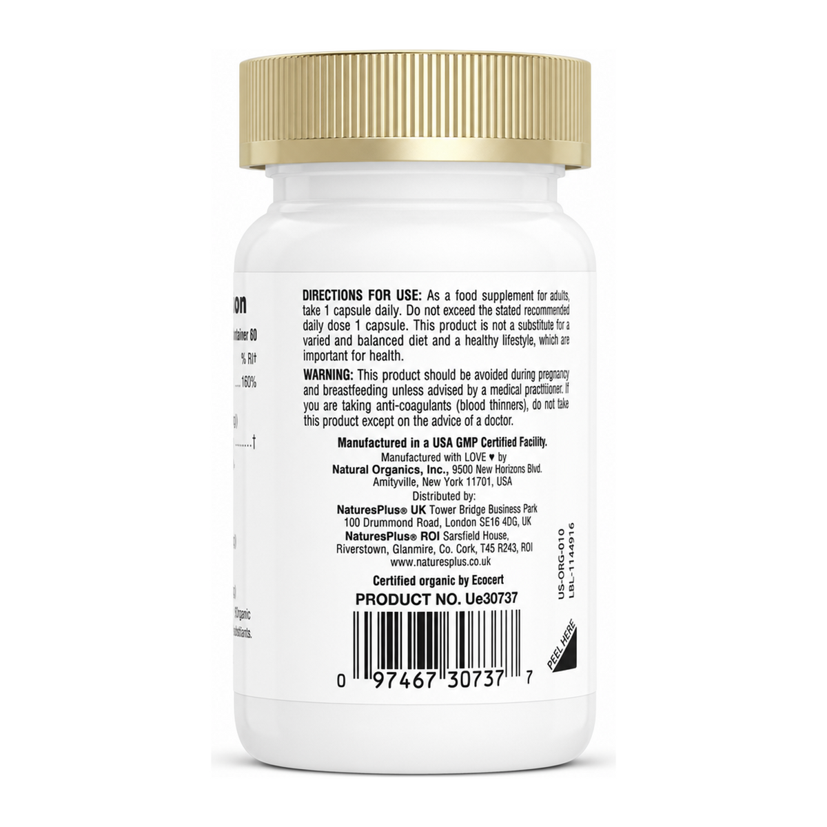 Nature's Plus Source of Life Garden Organic Vitamin K2 120mcg by NaturesPlus Natural Remedies — back view showing ingredients and product details, studio product photo on white background