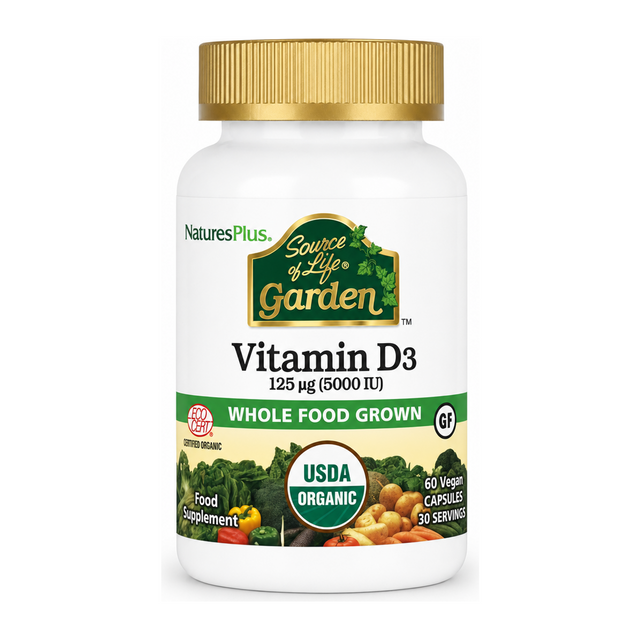 Nature's Plus Source of Life Garden Vitamin D3 5000IU by NaturesPlus Natural Remedies — front view showing product label and branding, studio product photo on white background