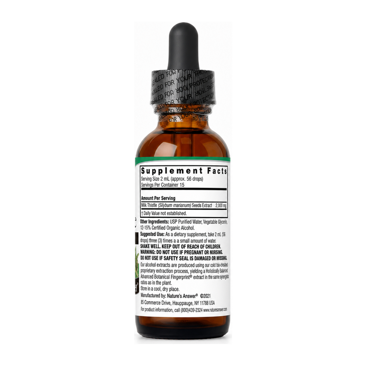 Milk Thistle Seed by Nature's Answer Natural Remedies — back view showing ingredients and product details, studio product photo on white background