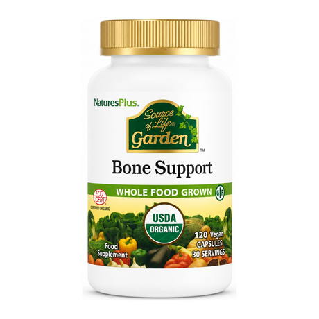 Nature's Plus SOL Garden Org Bone Support Capsules by NaturesPlus Natural Remedies — front view showing product label and branding, studio product photo on white background