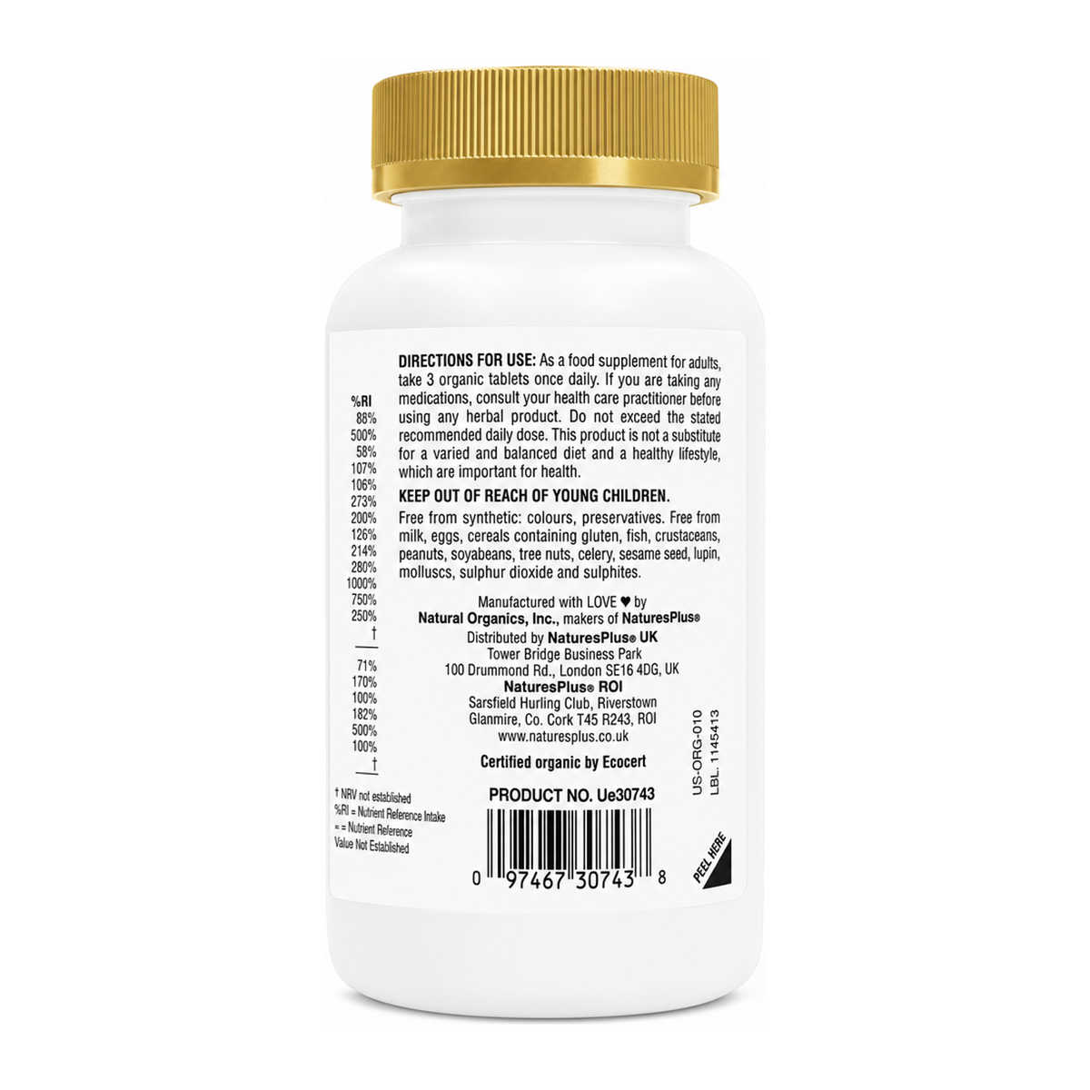 Nature's Plus Source of Life Garden Women's Multi by NaturesPlus Natural Remedies — back view showing ingredients and product details, studio product photo on white background