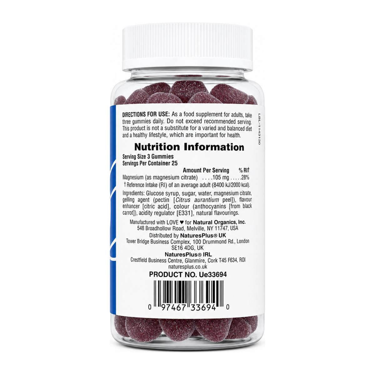 Natures Plus NP Magnesium Citrate Gummies by NaturesPlus Natural Remedies — back view showing ingredients and product details, studio product photo on white background