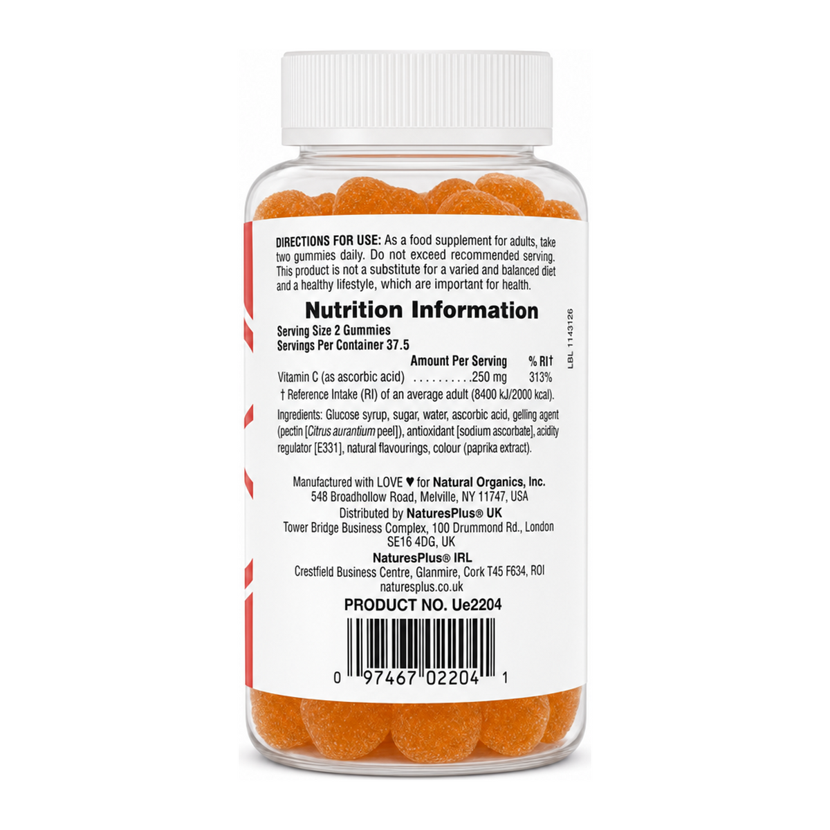 Natures Plus NP Vitamin C Gummies by NaturesPlus Natural Remedies — back view showing ingredients and product details, studio product photo on white background