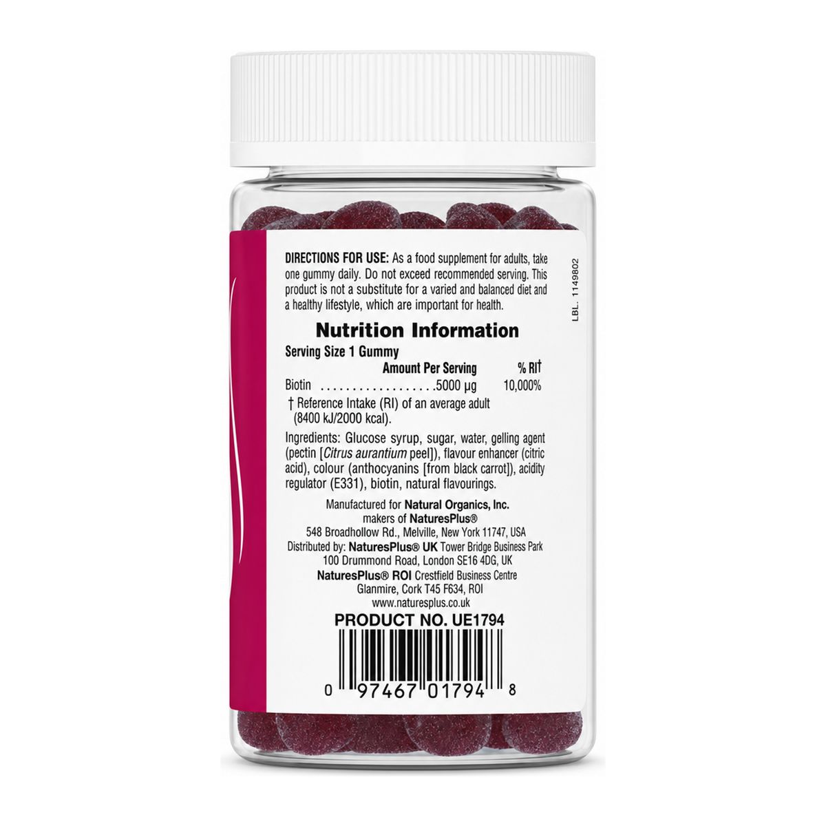 Natures Plus Biotin 5000 mcg Gummies by NaturesPlus Natural Remedies — back view showing ingredients and product details, studio product photo on white background