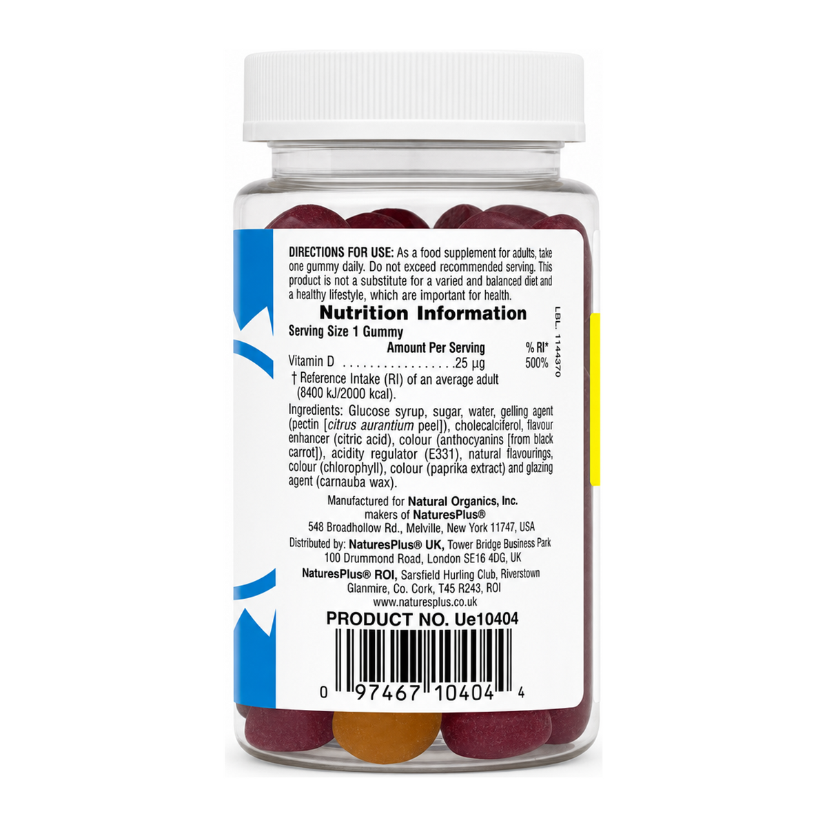 Natures Plus Vitamin D3 1000 IU Gummies by NaturesPlus Natural Remedies — back view showing ingredients and product details, studio product photo on white background