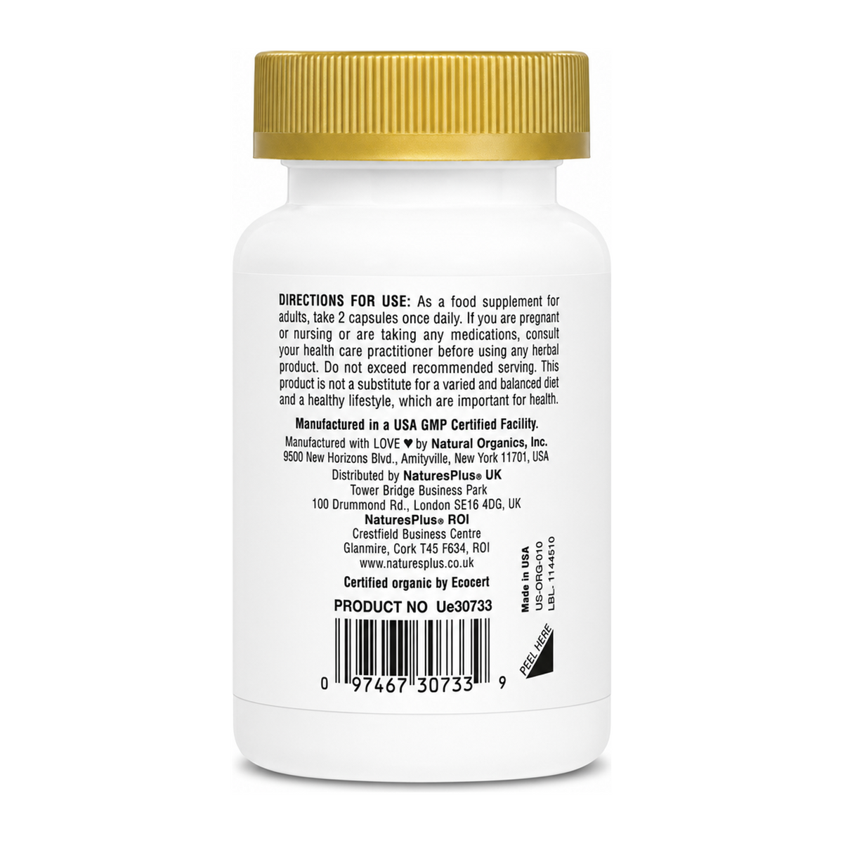 Nature's Plus SOL GARDEN ORGANIC VITAMIN C by NaturesPlus Natural Remedies — back view showing ingredients and product details, studio product photo on white background