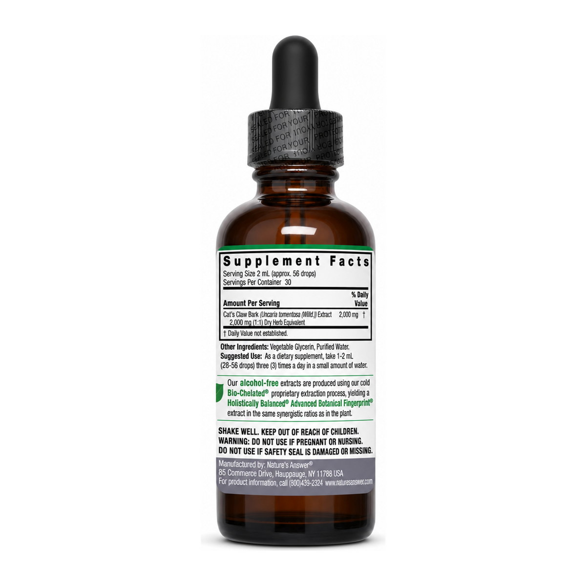 Nature's Answer Cat's Claw Inner Bark Extract by Nature's Answer Natural Remedies — back view showing ingredients and product details, studio product photo on white background