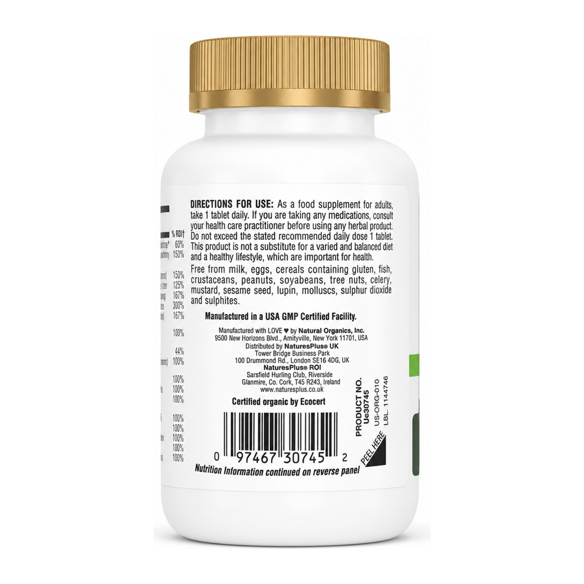 Nature's Plus SOL GARDEN ORG MENS DAILY by NaturesPlus — back view showing ingredients and product details, studio product photo on white background