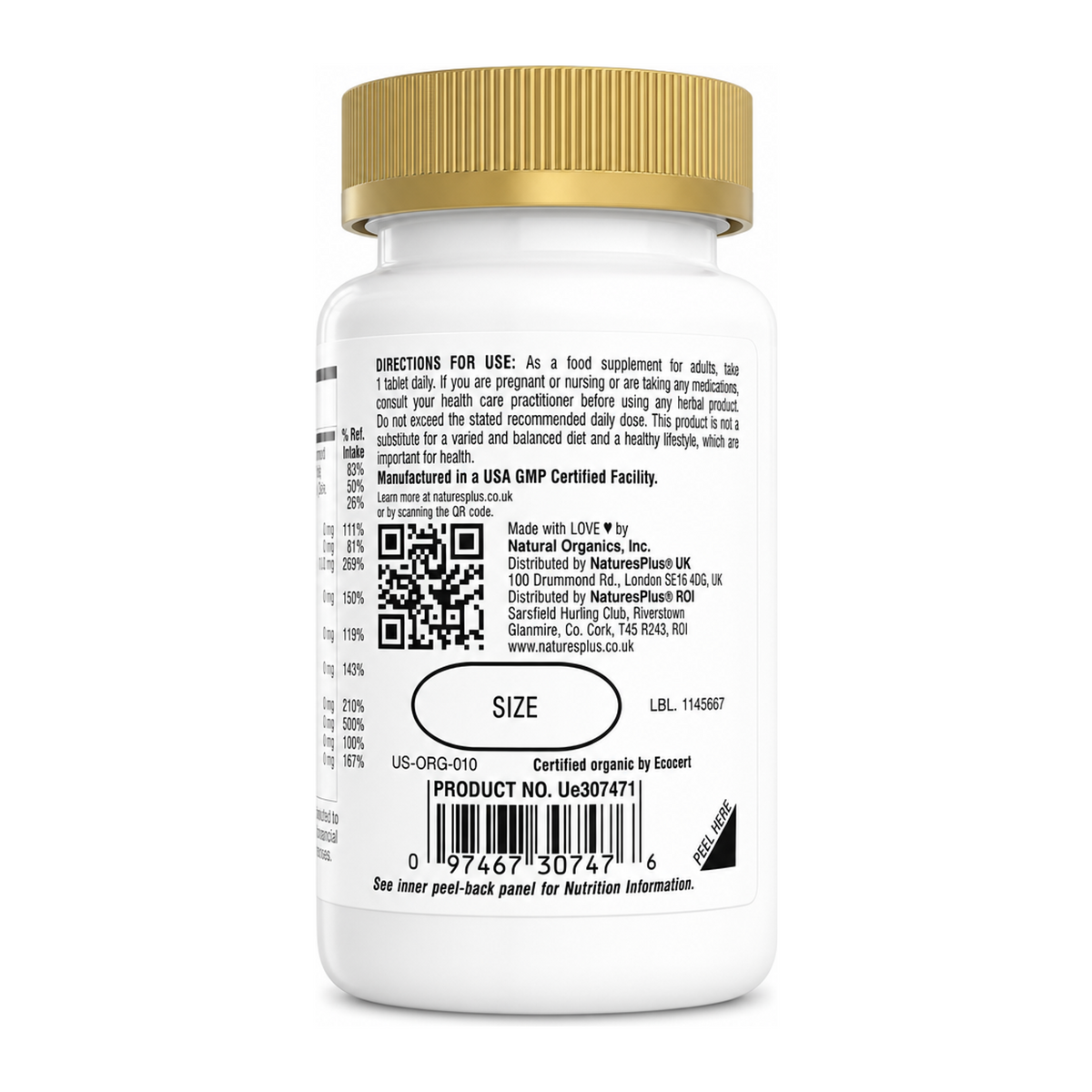 Source of Life Garden Organic Women's Daily Tabs by NaturesPlus Natural Remedies — back view showing ingredients and product details, studio product photo on white background