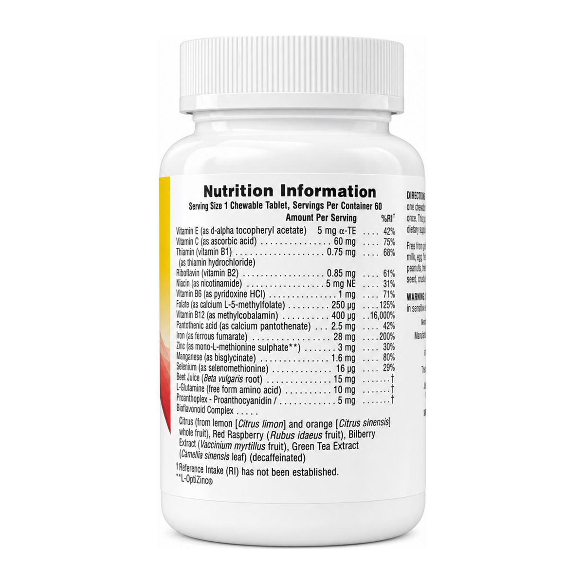 Natures Plus Hema-Plex Chewables Chelated Iron by NaturesPlus Natural Remedies — back view showing ingredients and product details, studio product photo on white background