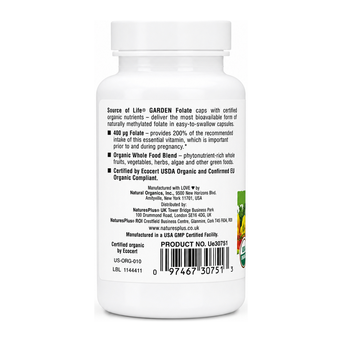 Natures Plus SOL Garden Folate 60 vcaps by NaturesPlus Natural Remedies — back view showing ingredients and product details, studio product photo on white background