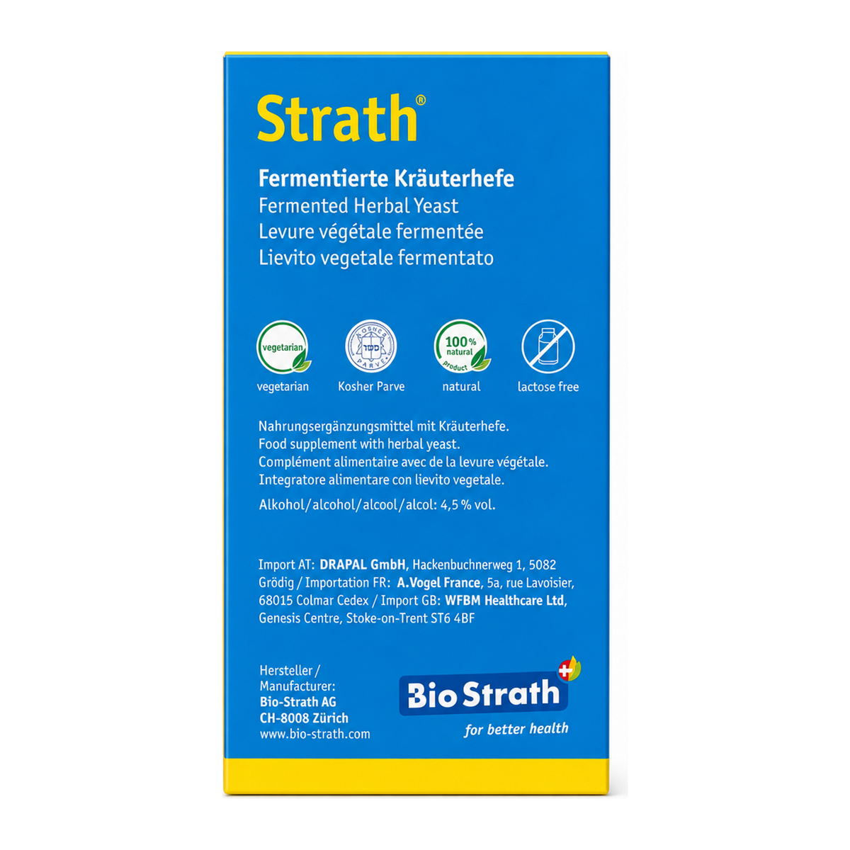 Bio-Strath Biostrath Liquid by Strath Vitamin & Mineral Supplements — back view showing ingredients and product details, studio product photo on white background