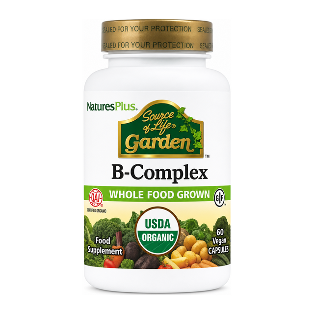Nature's Plus Source of Life Garden Organic B-Complex by NaturesPlus Natural Remedies — front view showing product label and branding, studio product photo on white background