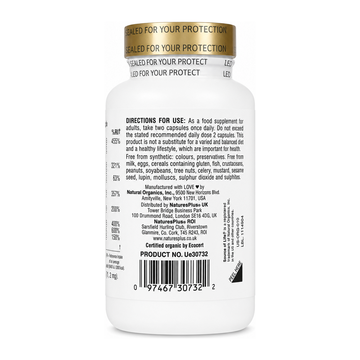 Nature's Plus Source of Life Garden Organic B-Complex by NaturesPlus Natural Remedies — back view showing ingredients and product details, studio product photo on white background