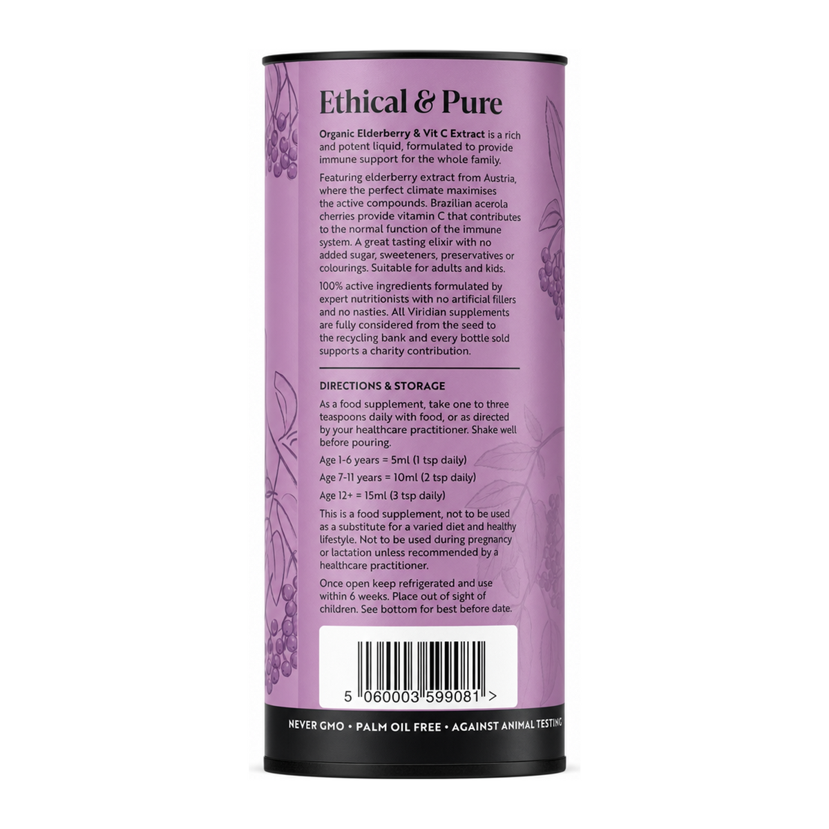 Viridian Org Elderberry & Vit C 100ml by Viridian Natural Remedies — back view showing ingredients and product details, studio product photo on white background