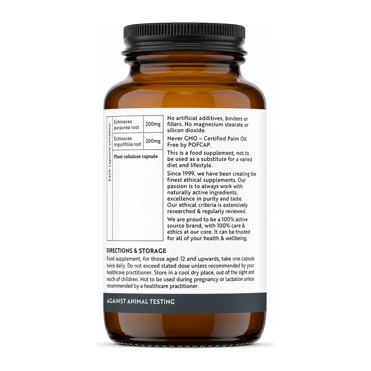 Viridian Echinacea purpurea/angustifolia by Viridian Natural Remedies — back view showing ingredients and product details, studio product photo on white background