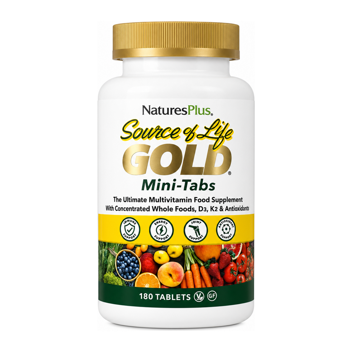 Nature's Plus Source of Life Gold Mini Tabs by NaturesPlus Natural Remedies — front view showing product label and branding, studio product photo on white background