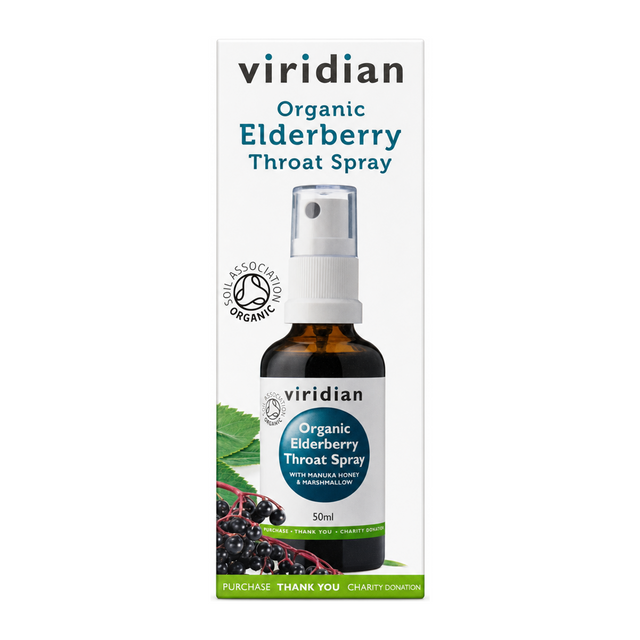 Viridian Organic Elderberry Throat Spray by Viridian Natural Remedies — front view showing product label and branding, studio product photo on white background