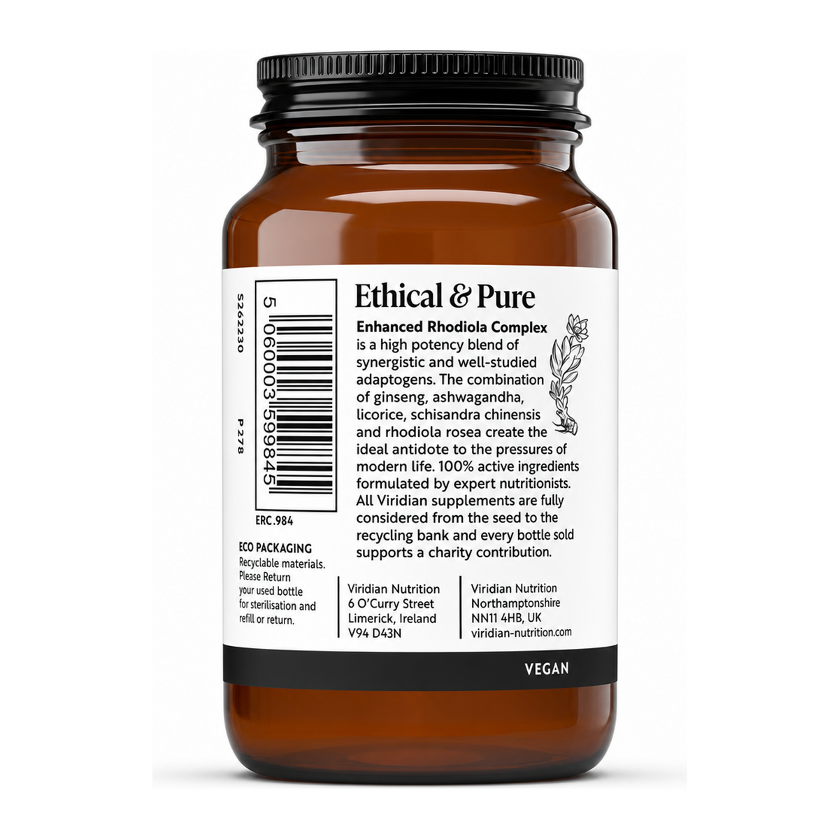 Viridian Enhanced Rhodiola Complex by Viridian Natural Remedies — back view showing ingredients and product details, studio product photo on white background