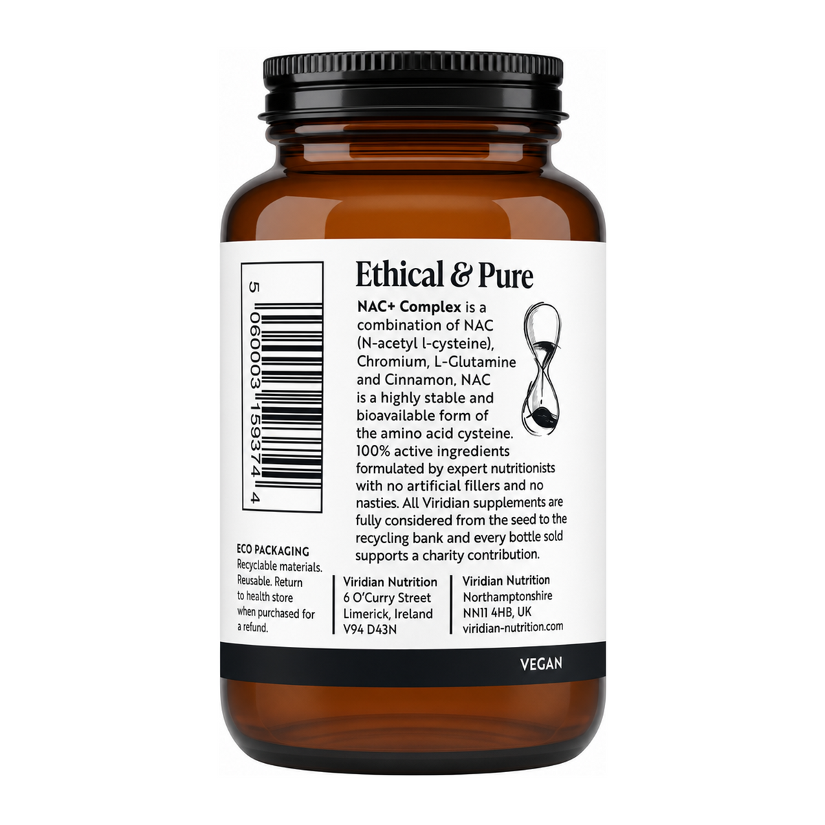 Viridian NAC+ by Viridian Natural Remedies — back view showing ingredients and product details, studio product photo on white background