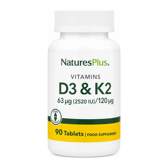 Natures Plus Vit D3 (2500 IU) with K2 (120 mcg) by NaturesPlus Natural Remedies — front view showing product label and branding, studio product photo on white background