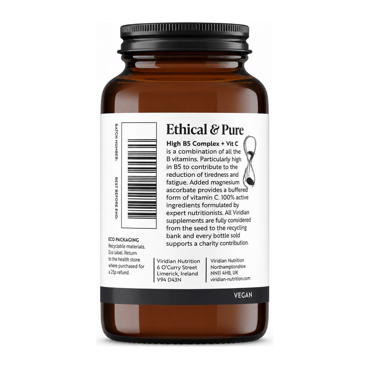 Viridian HIGH FIVE B-Complex plus Vitamin C by Viridian Natural Remedies — back view showing ingredients and product details, studio product photo on white background
