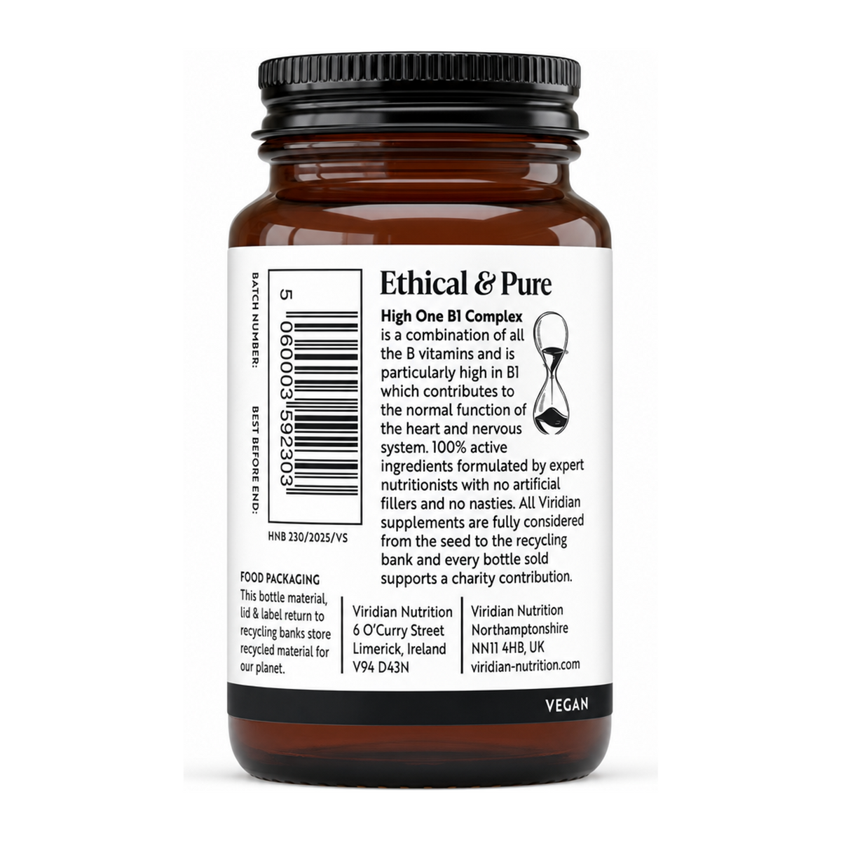 Viridian HIGH ONE Vitamin B1 w/ B-Complex by Viridian Natural Remedies — back view showing ingredients and product details, studio product photo on white background