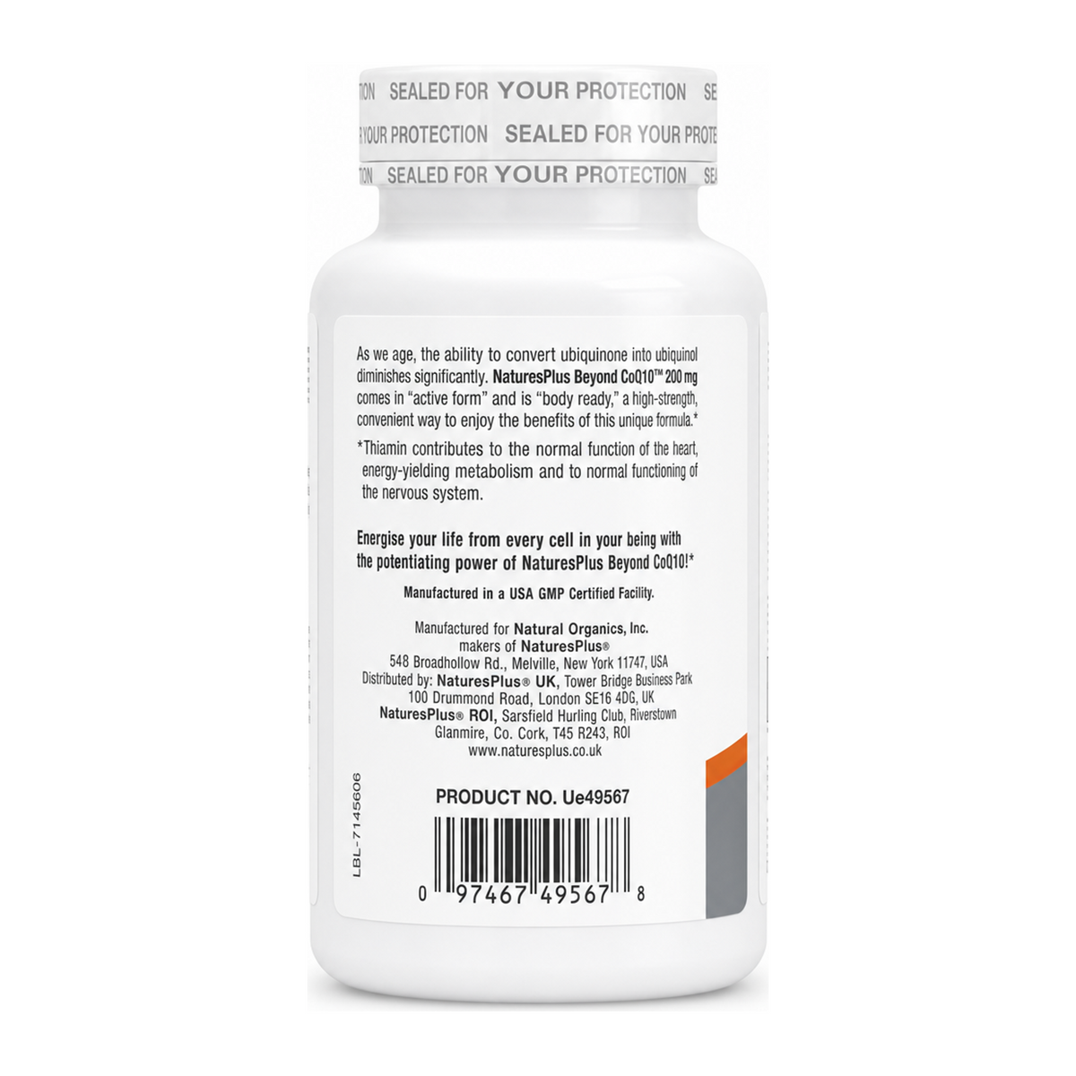 Nature's Plus Beyond CoQ10 200mg Ubiquinol Softgels by NaturesPlus Natural Remedies — back view showing ingredients and product details, studio product photo on white background