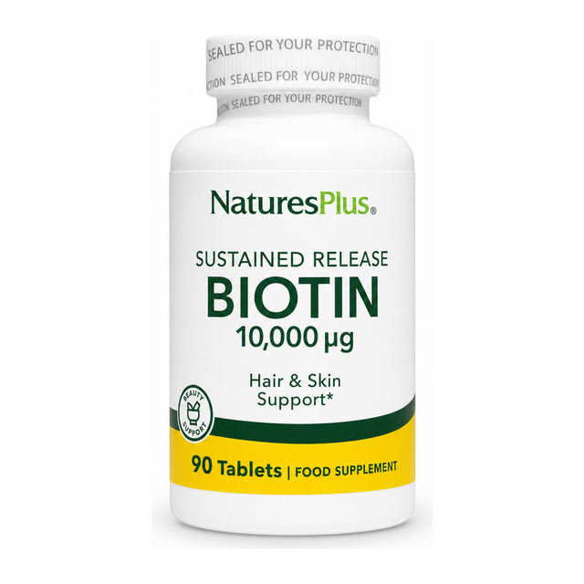 Natures Plus Sustained Release Biotin 10,000 mcg 90 Tablets by NaturesPlus Natural Remedies — front view showing product label and branding, studio product photo on white background