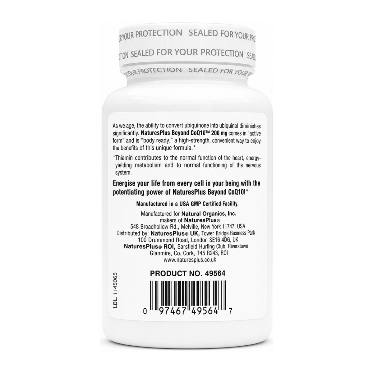 Nature's Plus Beyond CoQ10 200mg Ubiquinol Softgels by NaturesPlus Natural Remedies — back view showing ingredients and product details, studio product photo on white background
