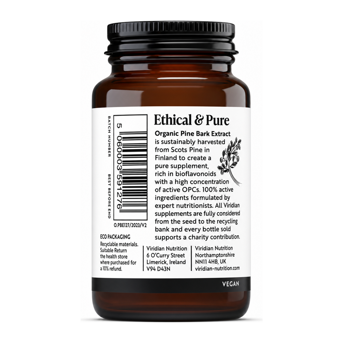 Viridian Organic High Potency Pine Bark Extract 100mg by Viridian Natural Remedies — back view showing ingredients and product details, studio product photo on white background