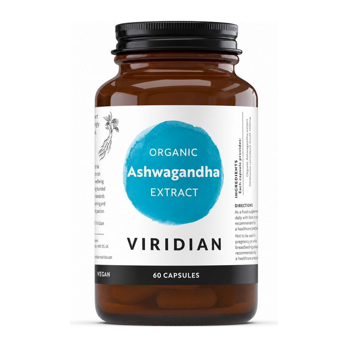 Viridian Organic Ashwagandha Extract by Viridian Natural Remedies — front view showing product label and branding, studio product photo on white background