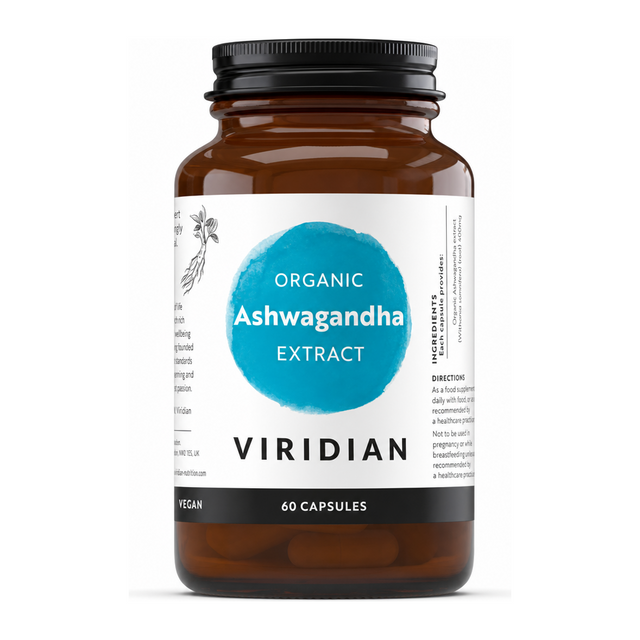 Viridian Organic Ashwagandha Extract by Viridian Natural Remedies — front view showing product label and branding, studio product photo on white background