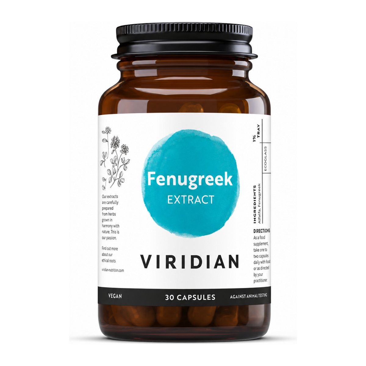 Viridian Fenugreek Extract 30 caps by Viridian Natural Remedies — front view showing product label and branding, studio product photo on white background