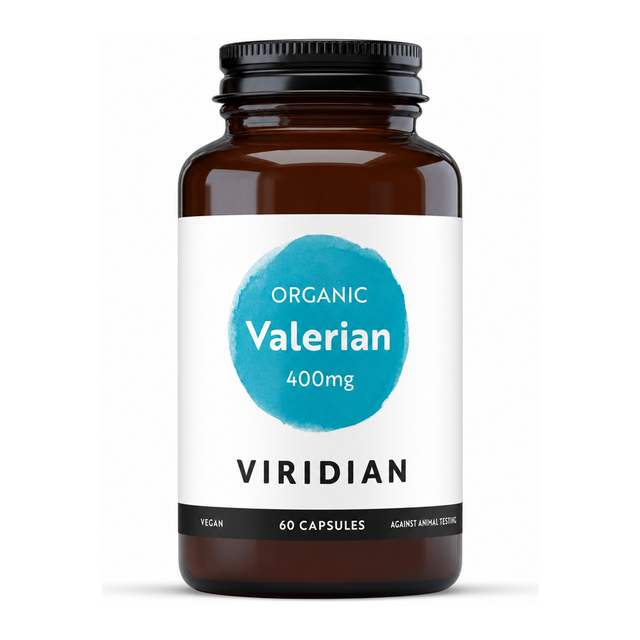 Viridian Organic Valerian Root 400mg by Viridian Natural Remedies — front view showing product label and branding, studio product photo on white background