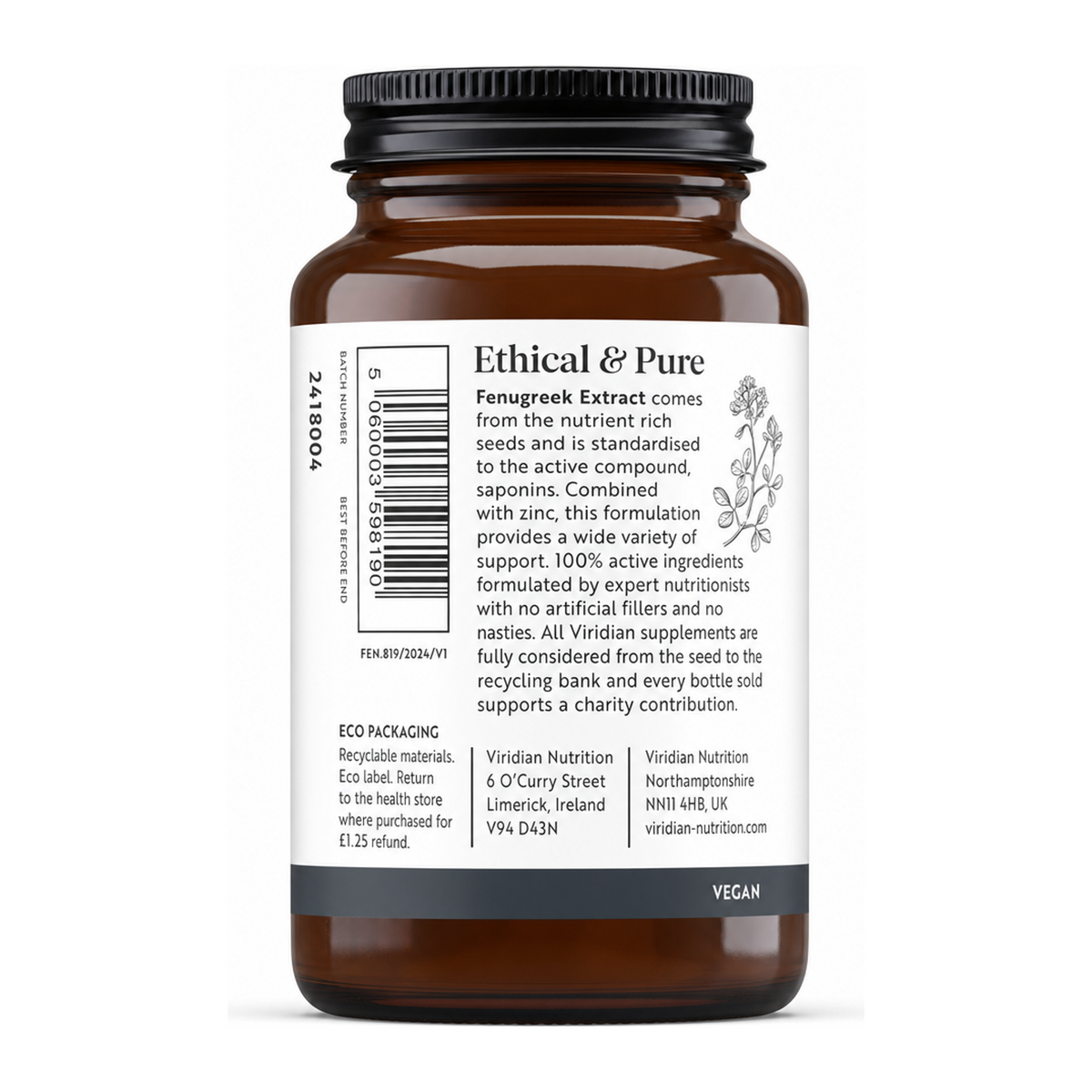 Viridian Fenugreek Extract 30 caps by Viridian Natural Remedies — back view showing ingredients and product details, studio product photo on white background