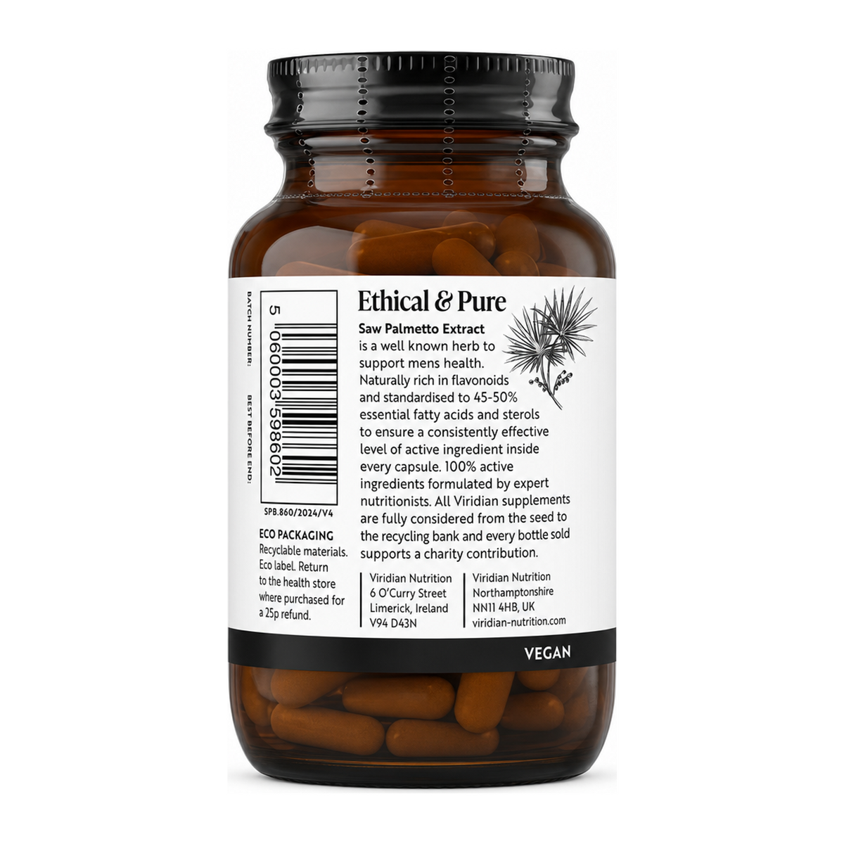 Viridian Saw Palmetto Berry Extract by Viridian Natural Remedies — back view showing ingredients and product details, studio product photo on white background