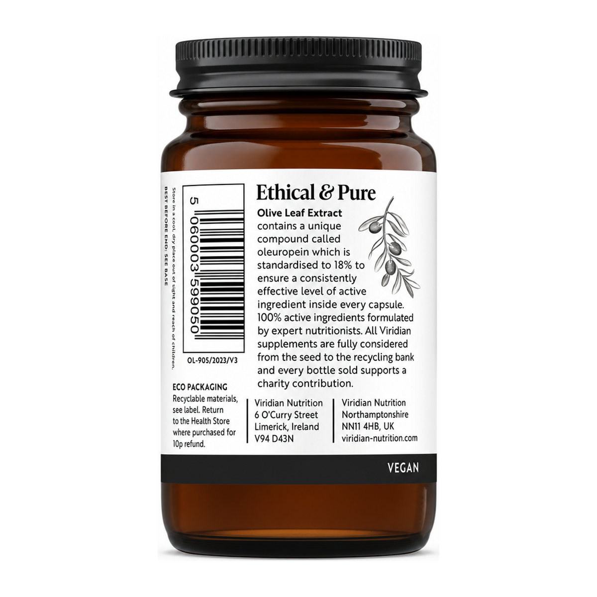 Viridian Olive Leaf Extract by Viridian Natural Remedies — back view showing ingredients and product details, studio product photo on white background