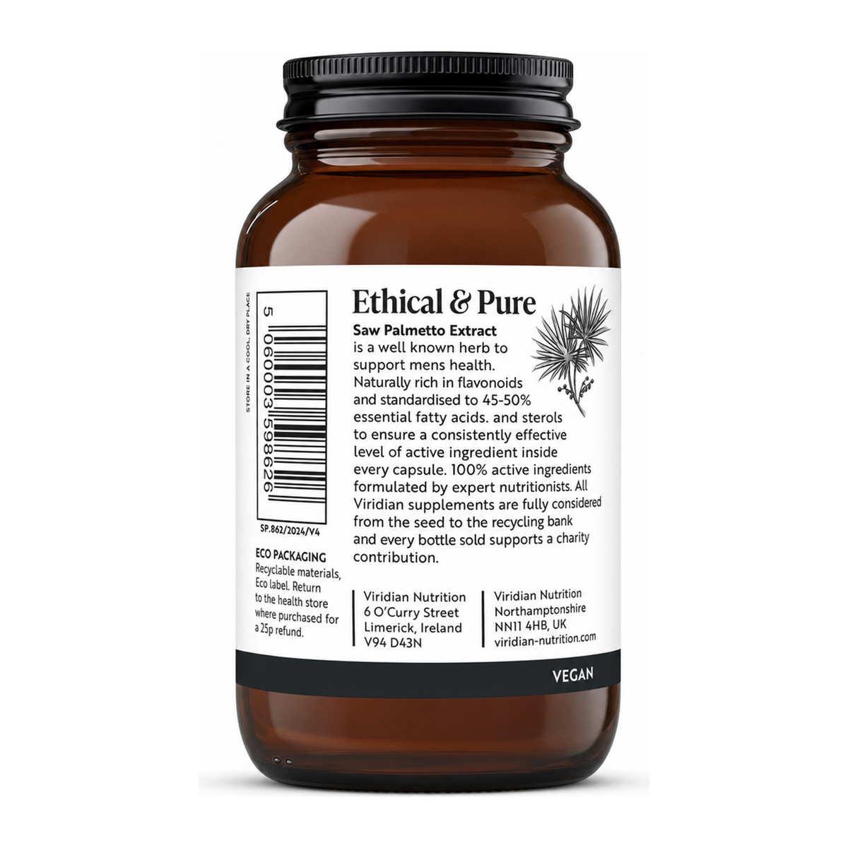 Viridian Saw Palmetto Berry Extract by Viridian Natural Remedies — back view showing ingredients and product details, studio product photo on white background